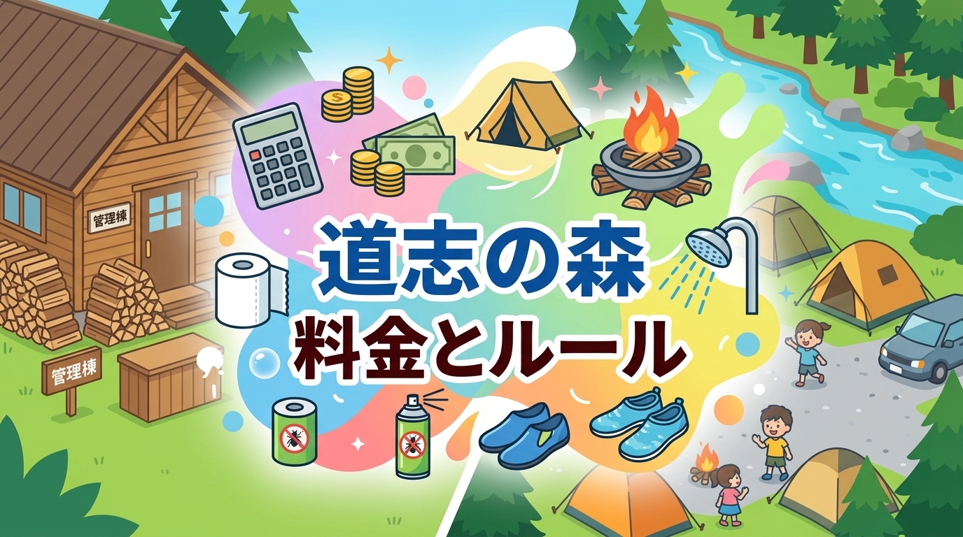 道志の森キャンプ場の料金とルールのイラスト。管理棟と薪、電卓と硬貨、トイレットペーパーや虫よけスプレー