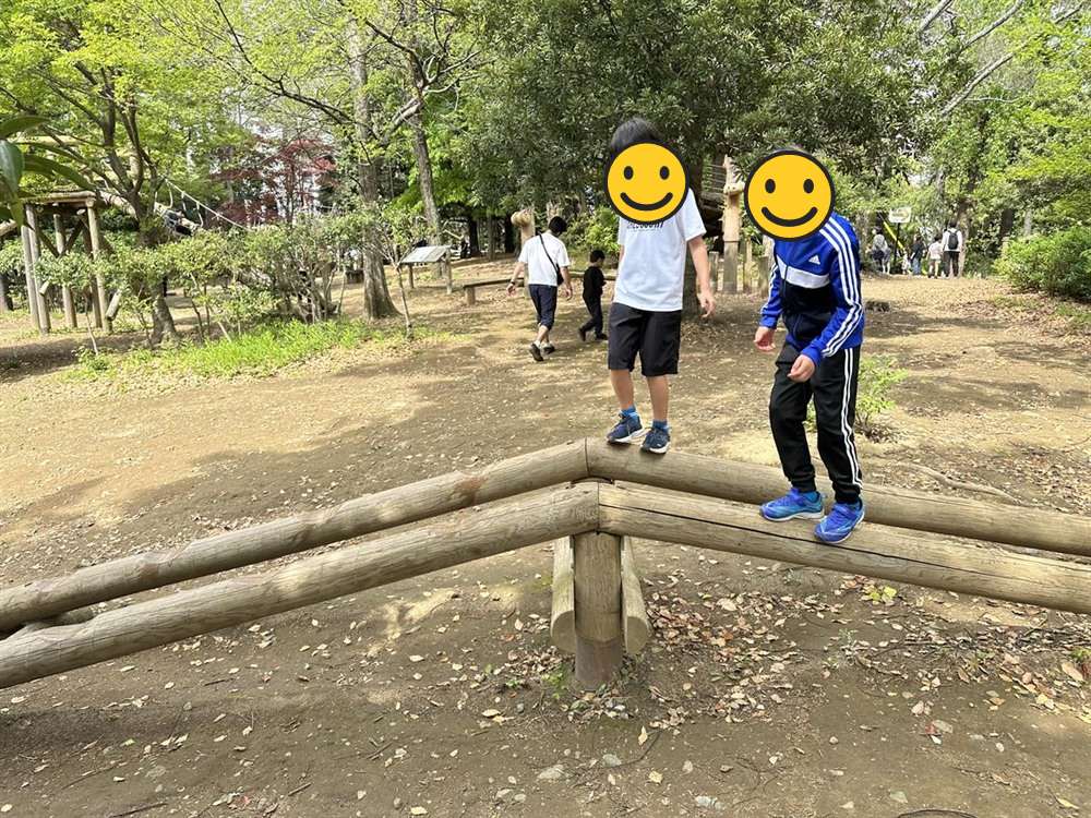 丸太の平均台をバランスを取りながら渡る子どもたち