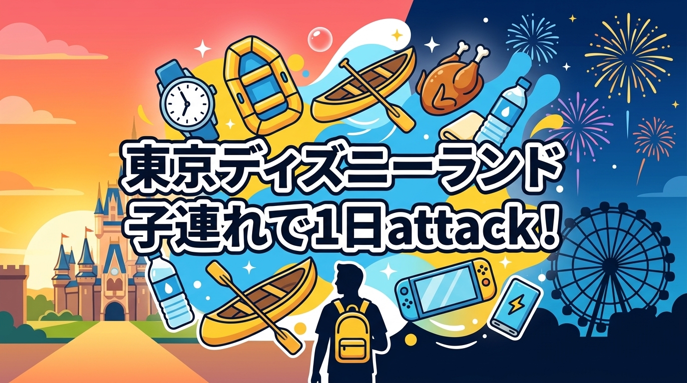東京ディズニーランドに子連れで1日出かけるイメージイラスト。腕時計・いかだ・カヌー・骨付き肉・水筒・携帯ゲームなどの持ち物