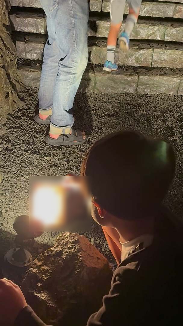 洞窟の中、台に固定された光る謎解きの道具の前にしゃがむ次男の後ろ姿